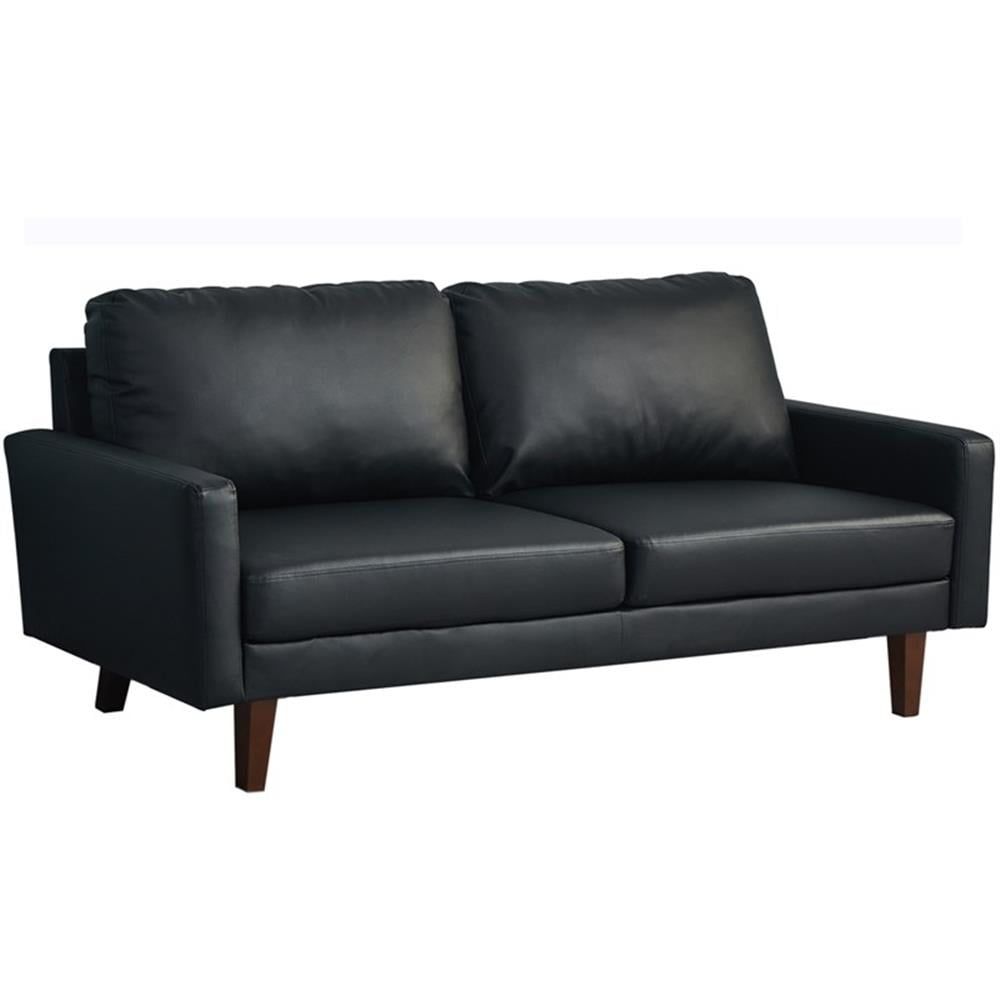 Black Faux Leather Mid-Century Modern Sofa with Wooden Legs