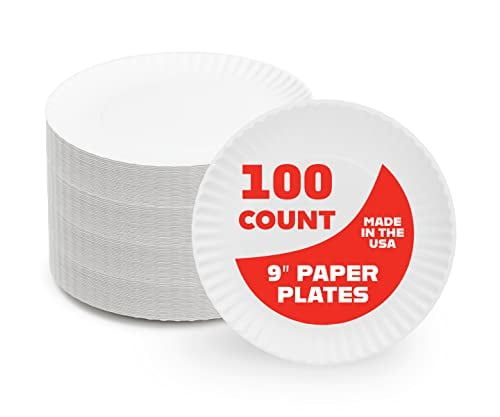 White 9-Inch Disposable Paper Plates, 100-Pack