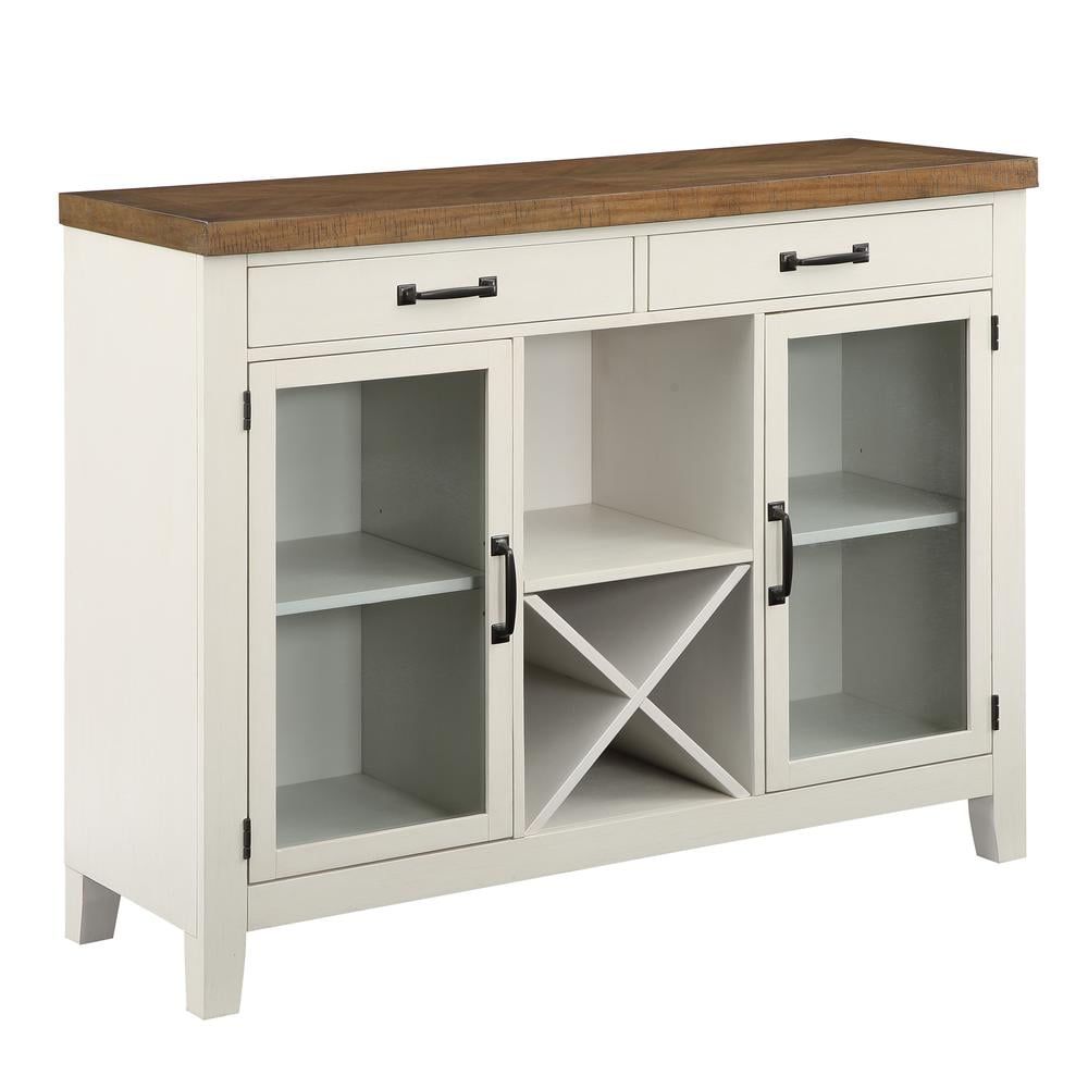 Hyland Off White and Honey Brown Wood Server with Glass Doors