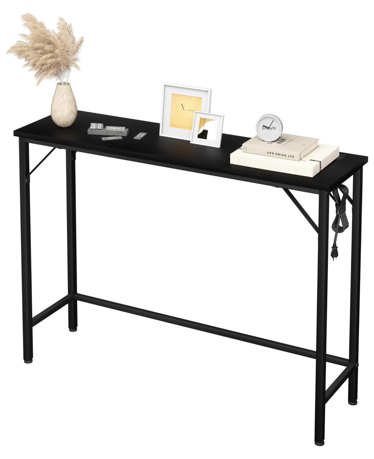 Black Metal and Wood Console Table with Charging Station