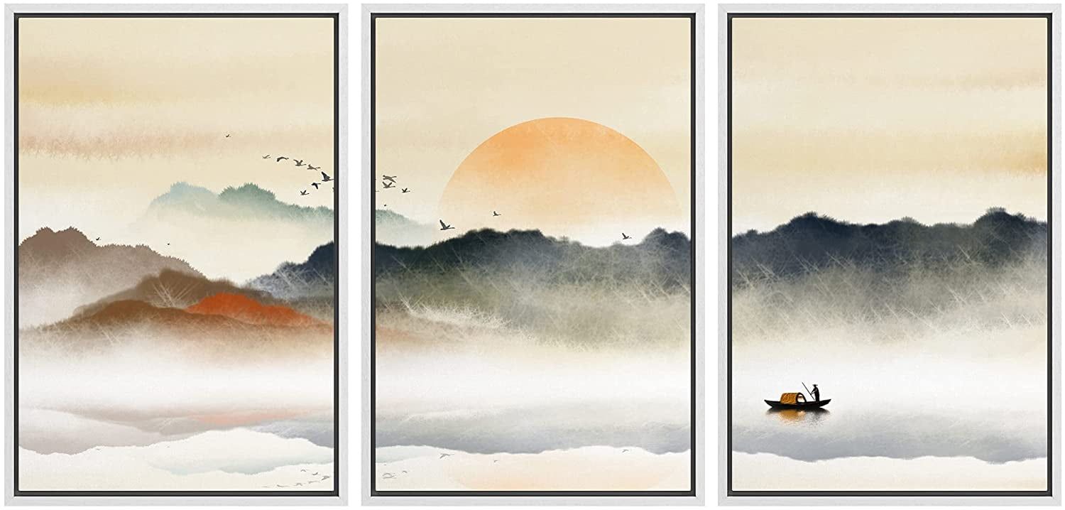 Pastel Rising Sun Misty Ocean Landscape Framed Canvas Art Set