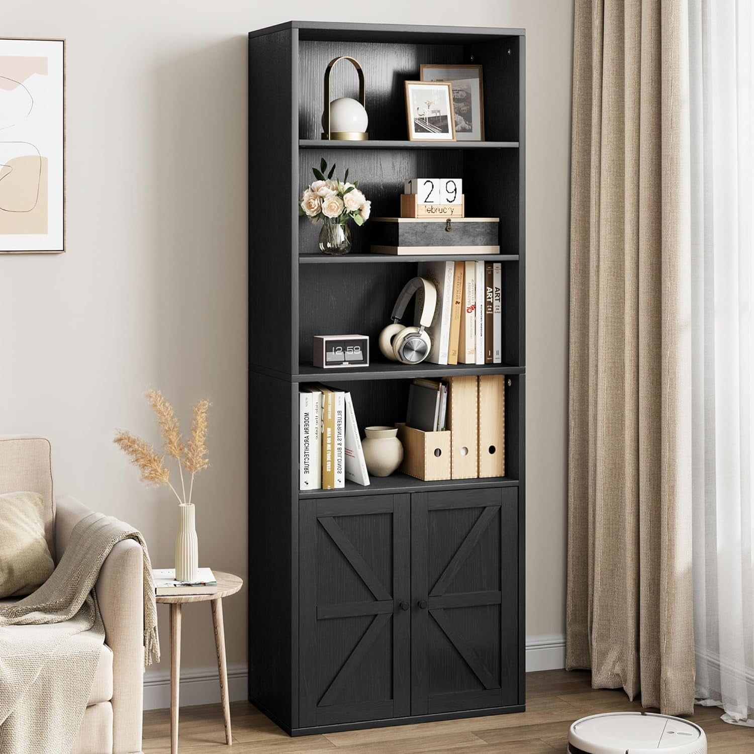 Black MDF and Metal Farmhouse Bookcase with Doors