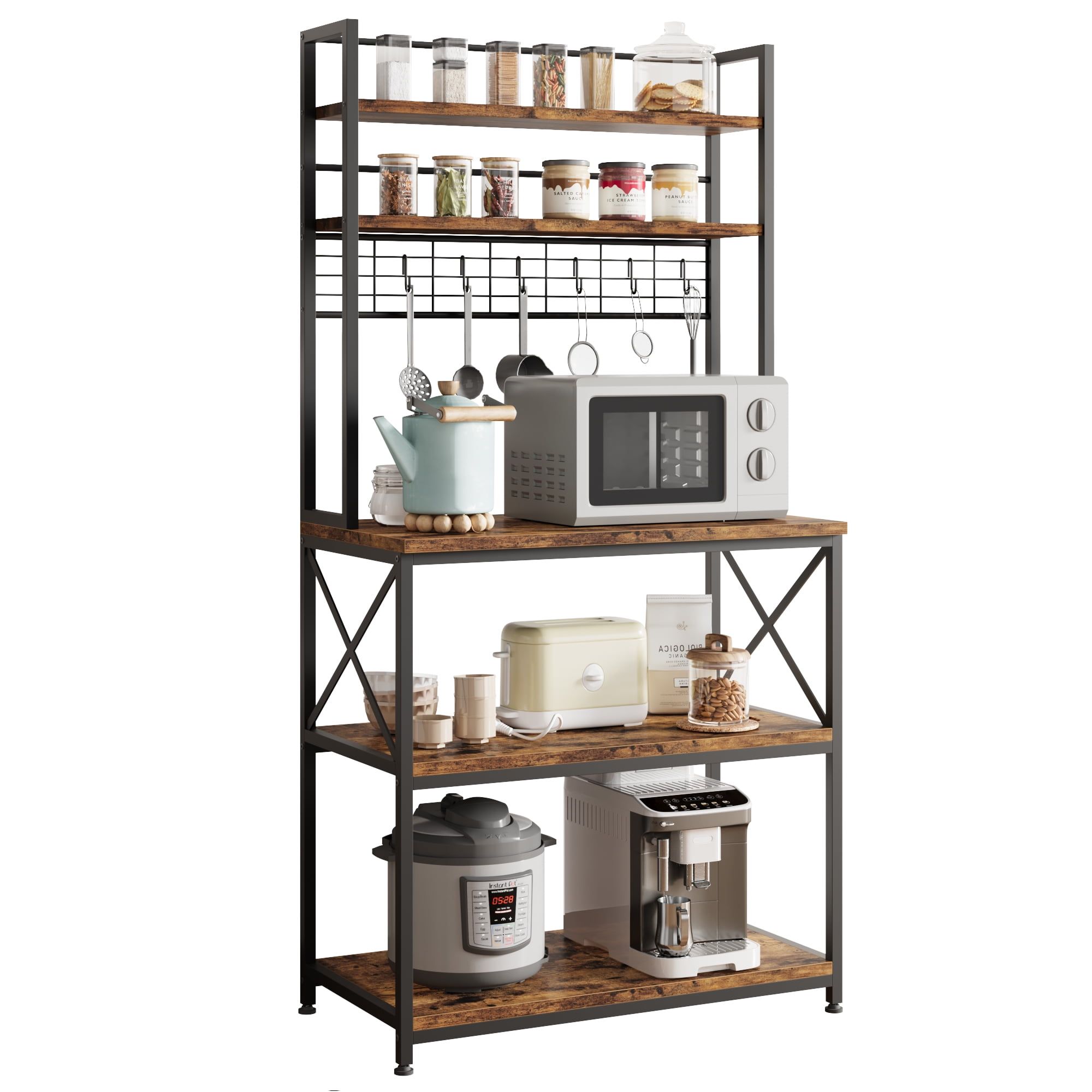 Rustic Brown and Black 5-Tier Kitchen Bakers Rack with Storage