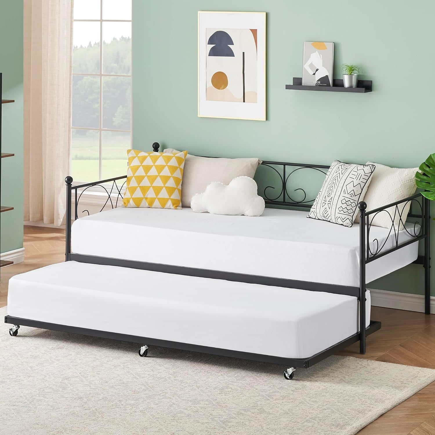 Black Twin Metal Daybed with Trundle and Upholstered Slats