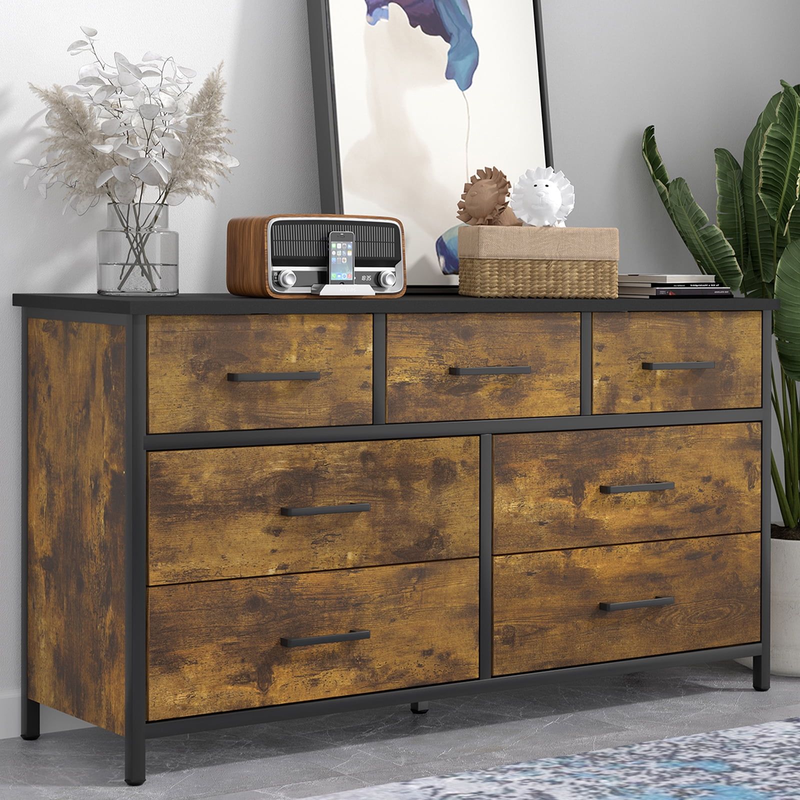 Industrial Black and Rustic Brown 7-Drawer Dresser with Steel Frame