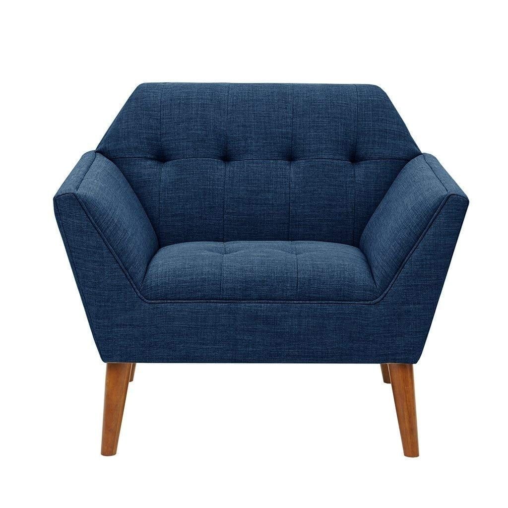 Blue Mid-Century Modern Wood Accent Chair with Button Tufting