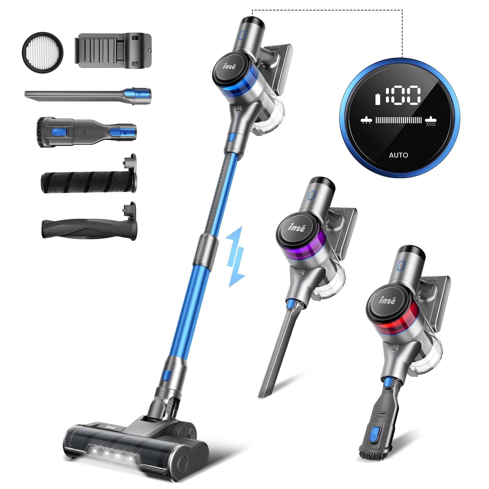 Blue Cordless Stick Vacuum with HEPA Filter and LED Display