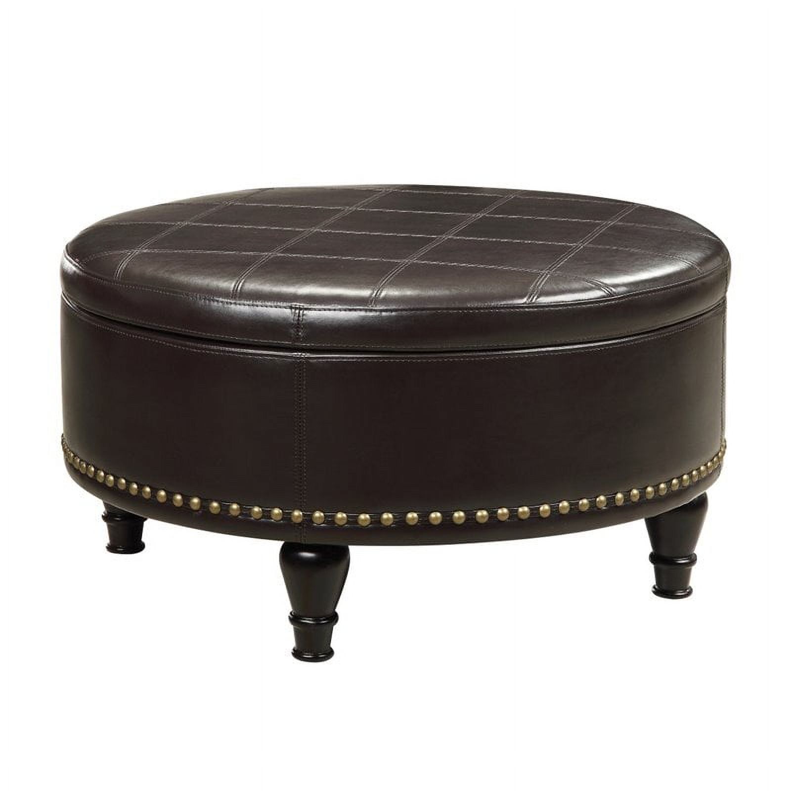 Espresso Bonded Leather Round Ottoman with Tray and Nailhead Detail