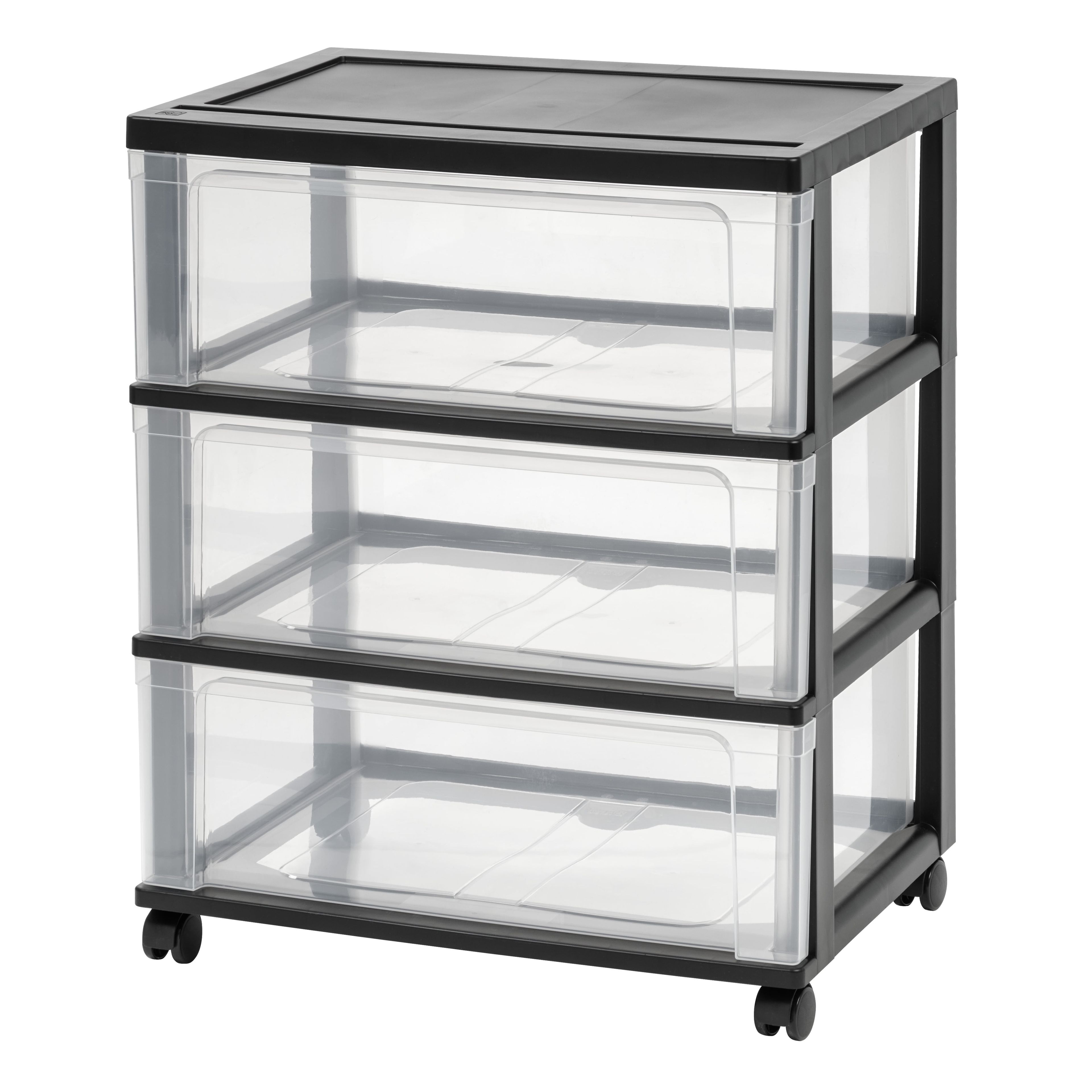 Black 3-Drawer Wide Plastic Storage Cart with Wheels