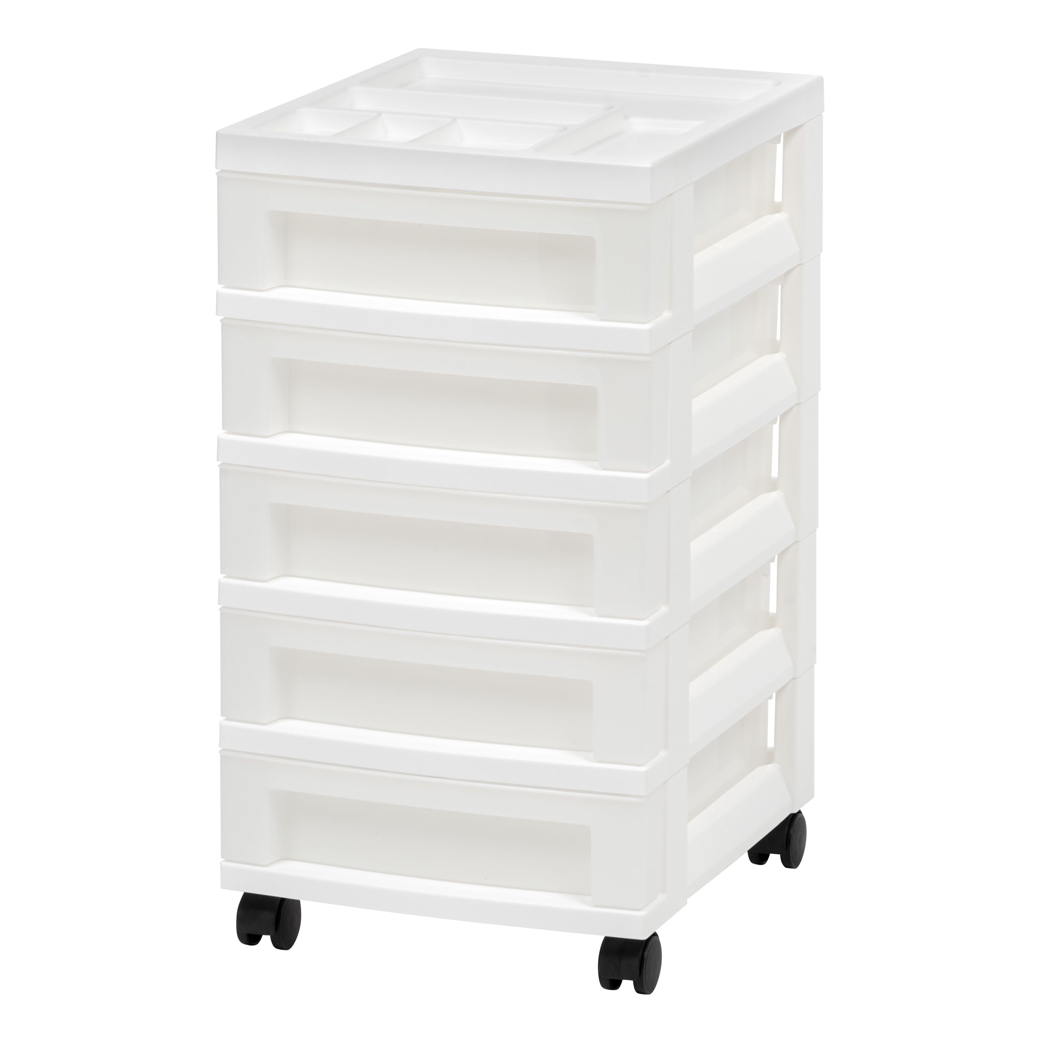 White 5-Drawer Plastic Storage Tower with Organizer Top