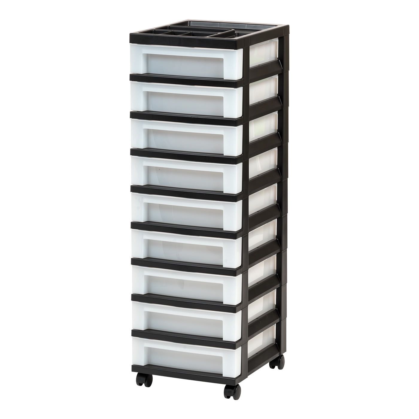 Black 9-Drawer Storage Tower with Organizer Top and Wheels