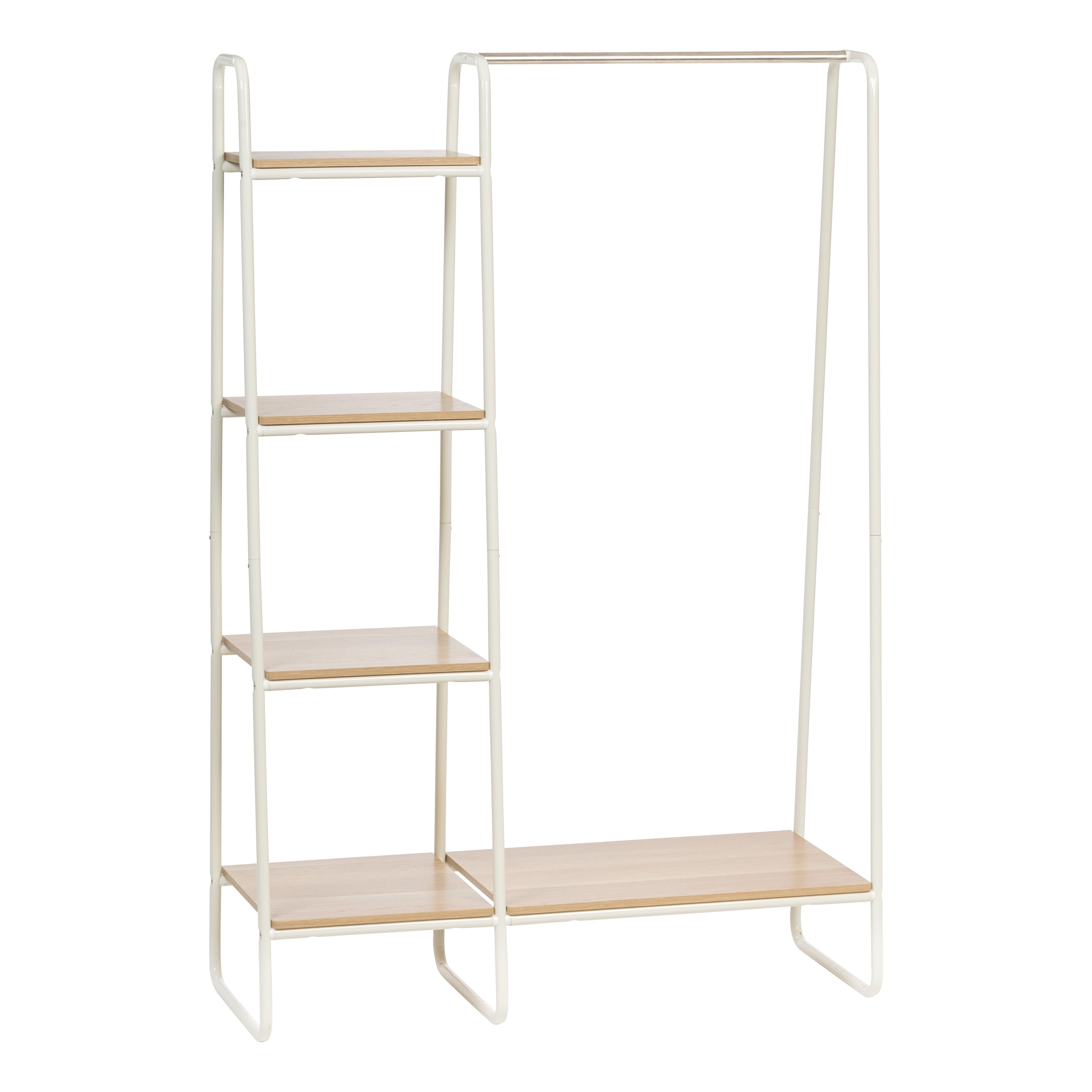 White Metal Garment Rack with Light Brown Wood Shelves