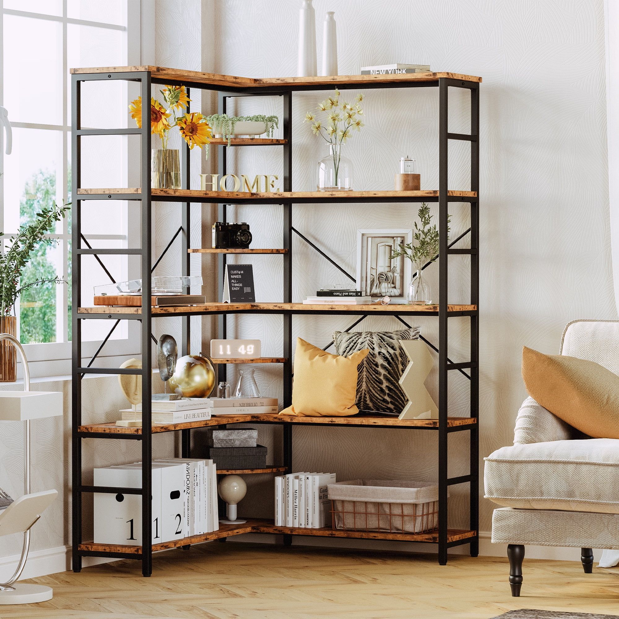 Industrial Brown 5-Tier L-Shaped Corner Bookcase with Metal Frame