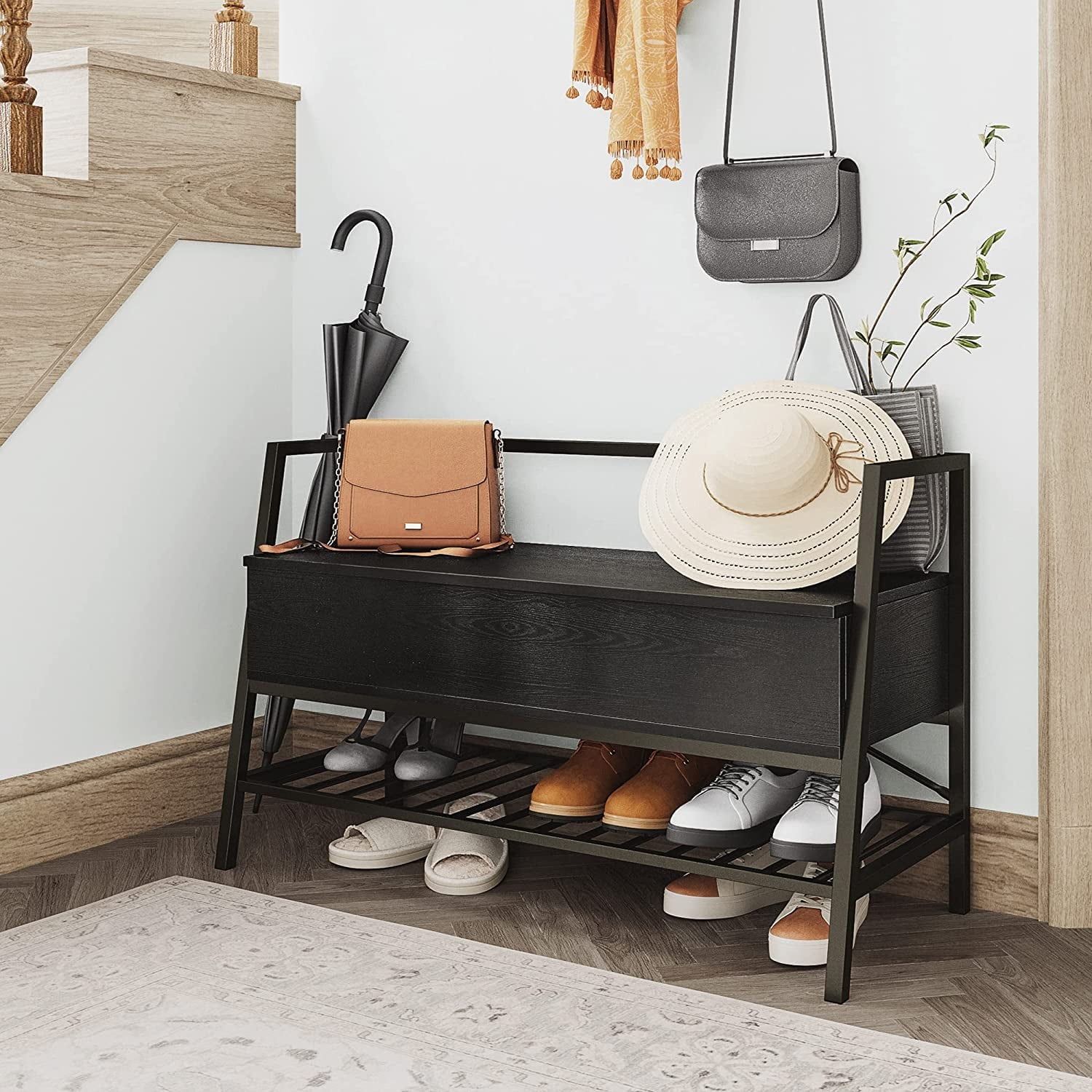 Black Metal and MDF Entryway Storage Bench with Shoe Rack