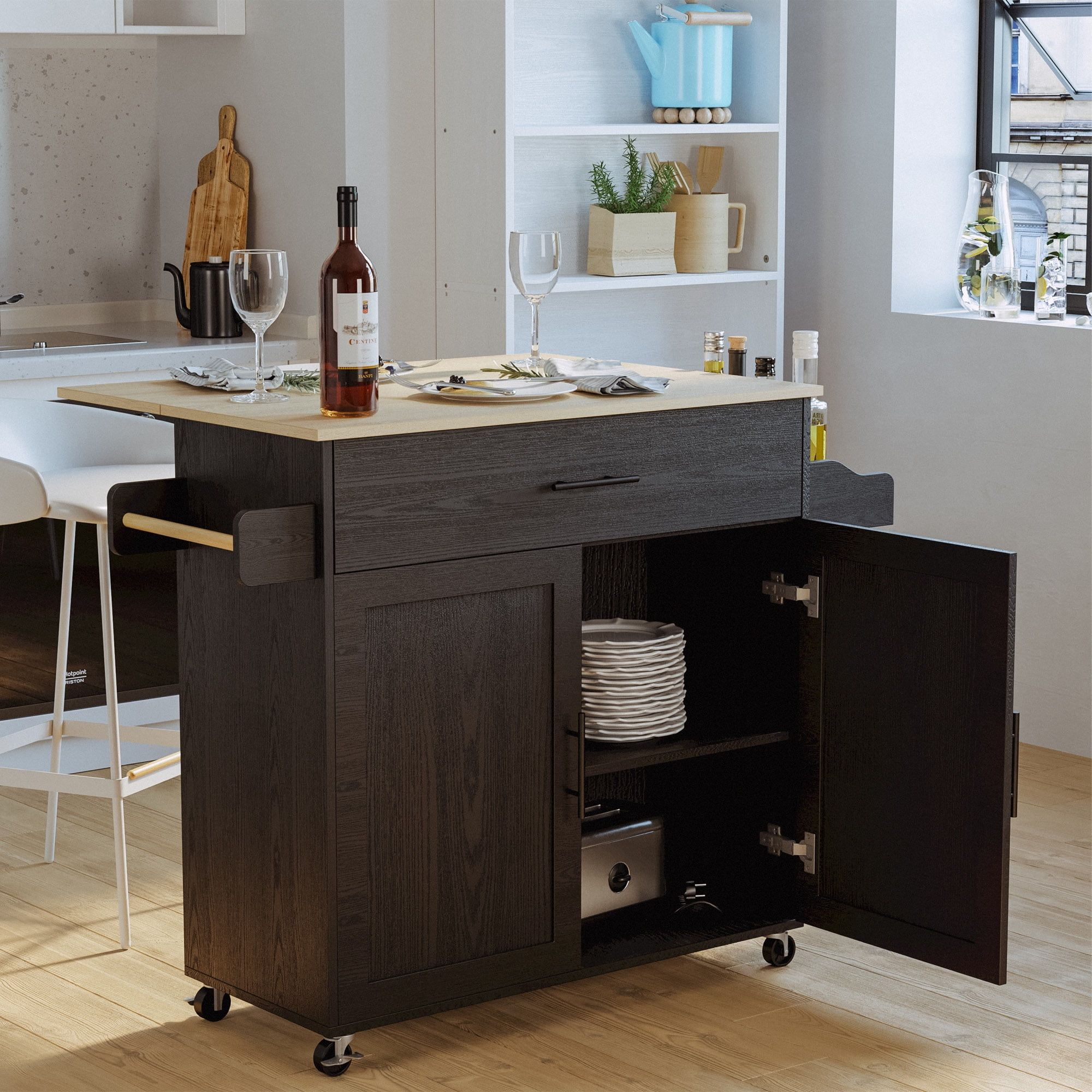 Black Wood Rolling Kitchen Island with Drop Leaf and Storage