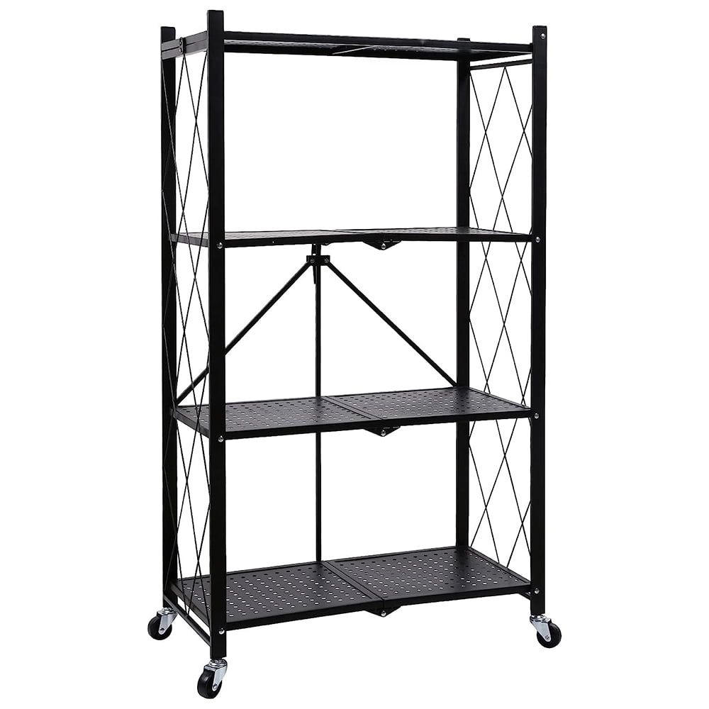 Black 4-Tier Foldable Metal Shelving Unit with Wheels