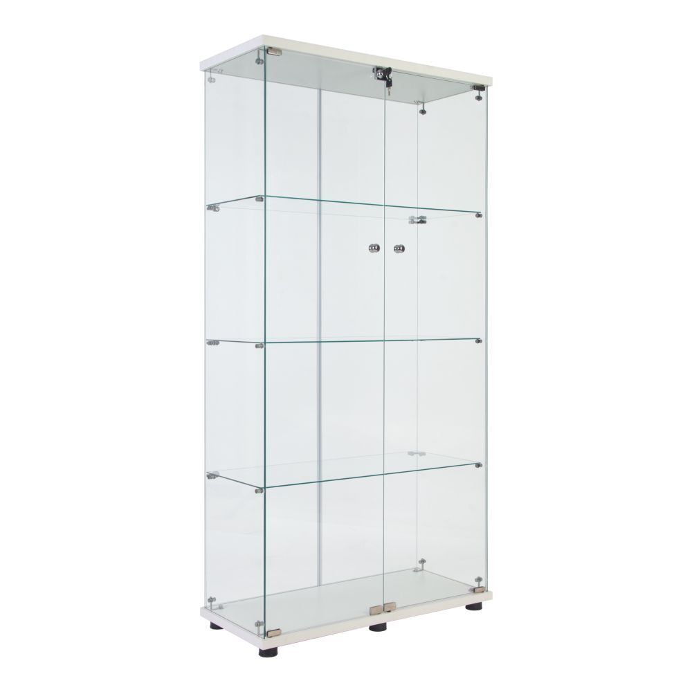 White Glass Display Cabinet with Lockable Doors and Shelves