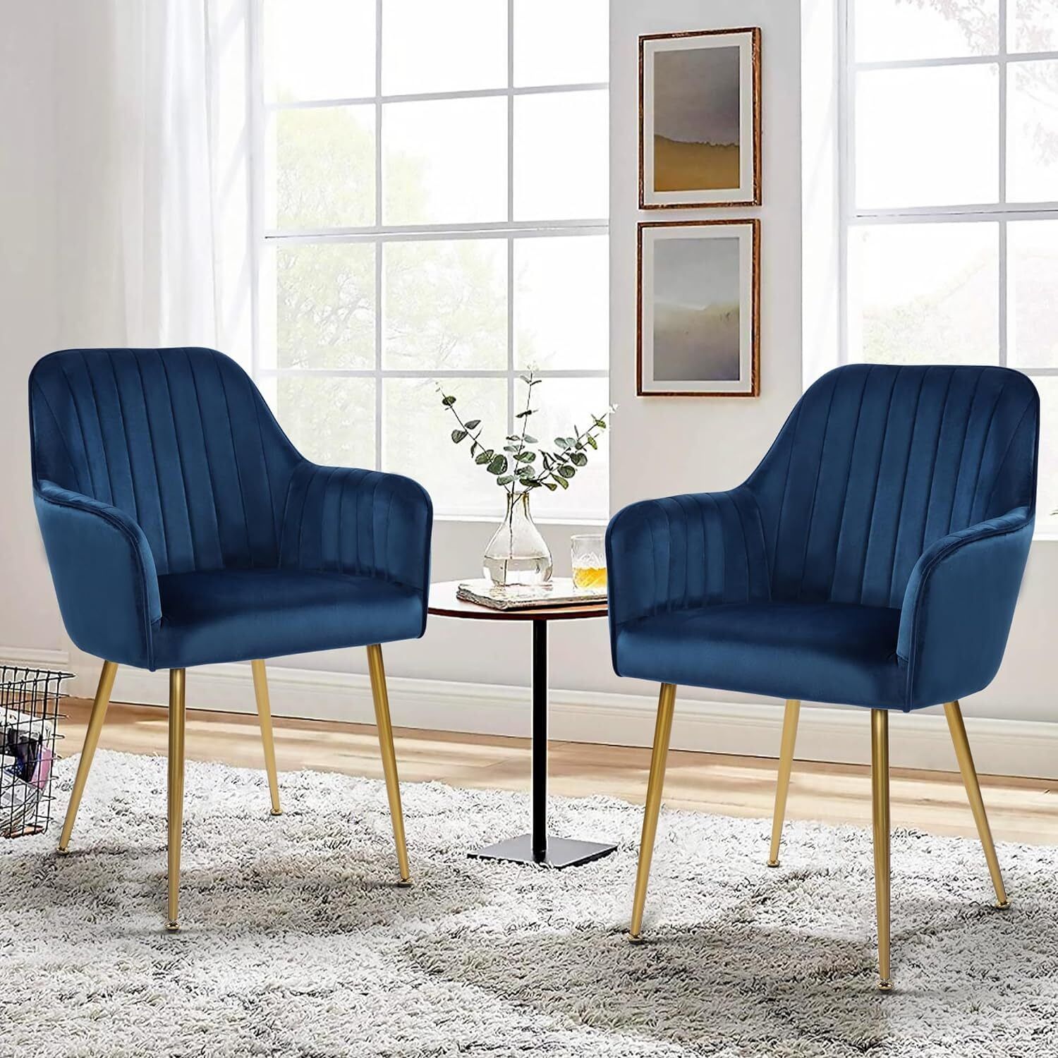 Navy Velvet Upholstered Arm Chairs with Gold Metal Legs, Set of 2