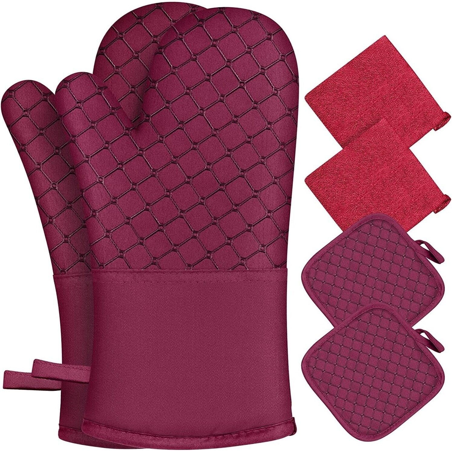 Burgundy Silicone and Cotton 6-Piece Oven Mitts and Pot Holders Set