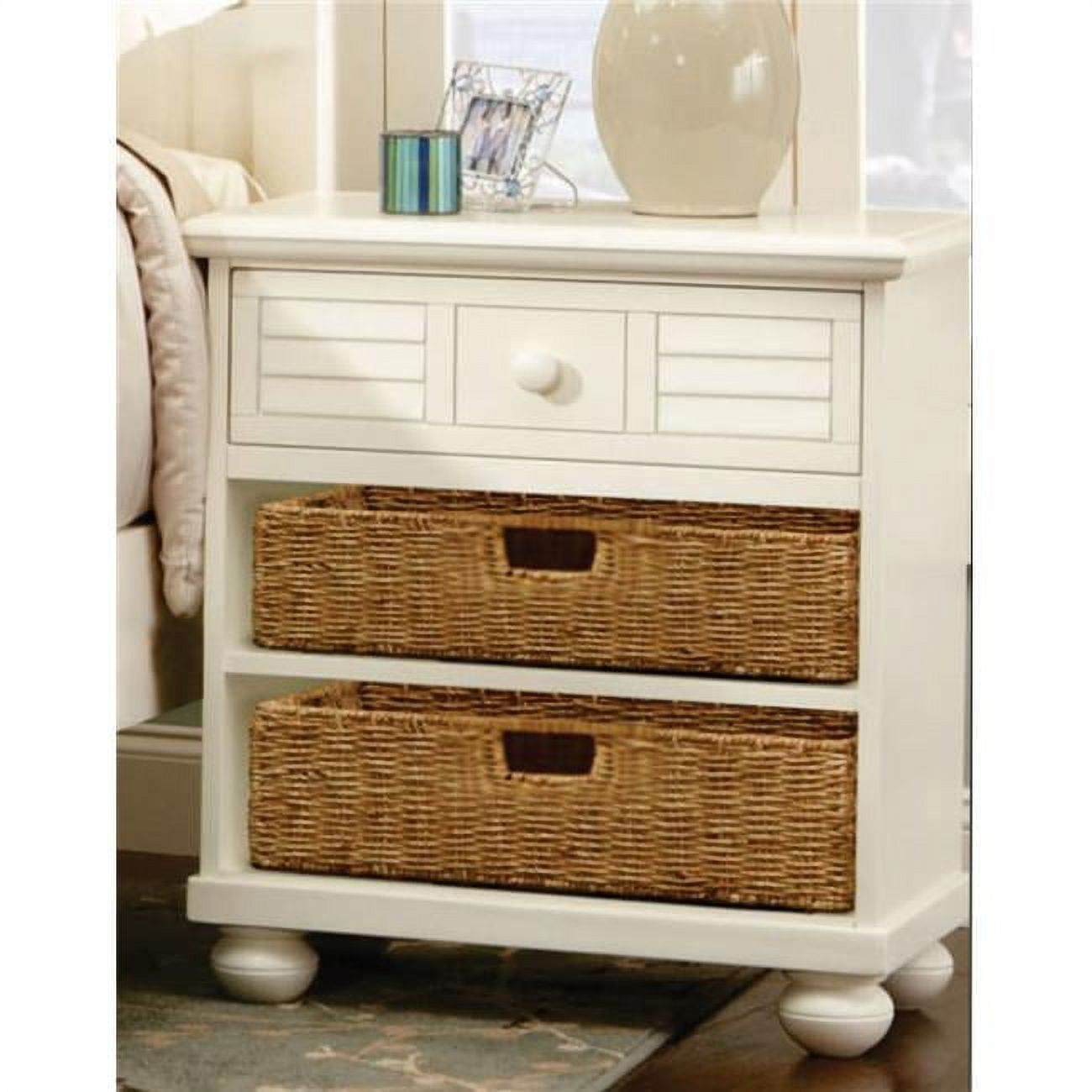 Coastal Cottage Charm Off-White Nightstand with Seagrass Basket