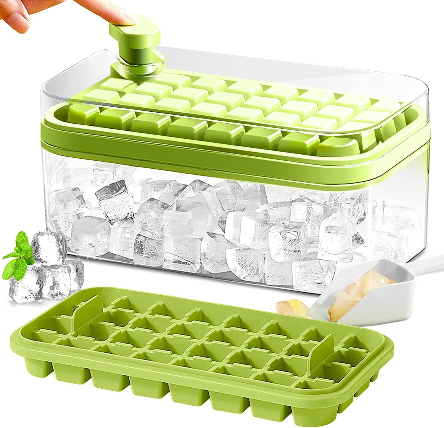 Green BPA-Free Ice Cube Tray with Lid and Bin, 2 Pack