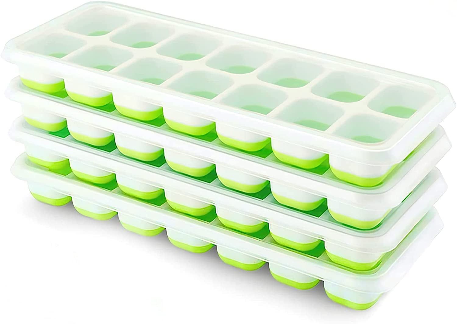 Green and White Silicone Stackable Ice Cube Trays with Lids, 4 Pack