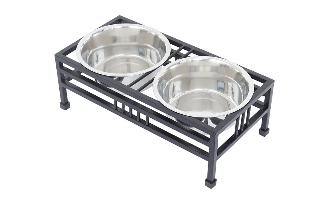 Medium Elevated Black Iron Pet Double Diner with Stainless Steel Bowls