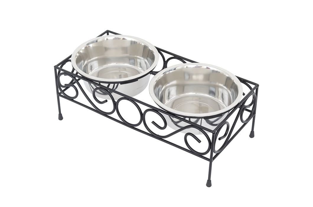 Medium Elevated Black Wrought Iron Pet Double Diner with Stainless Steel Bowls