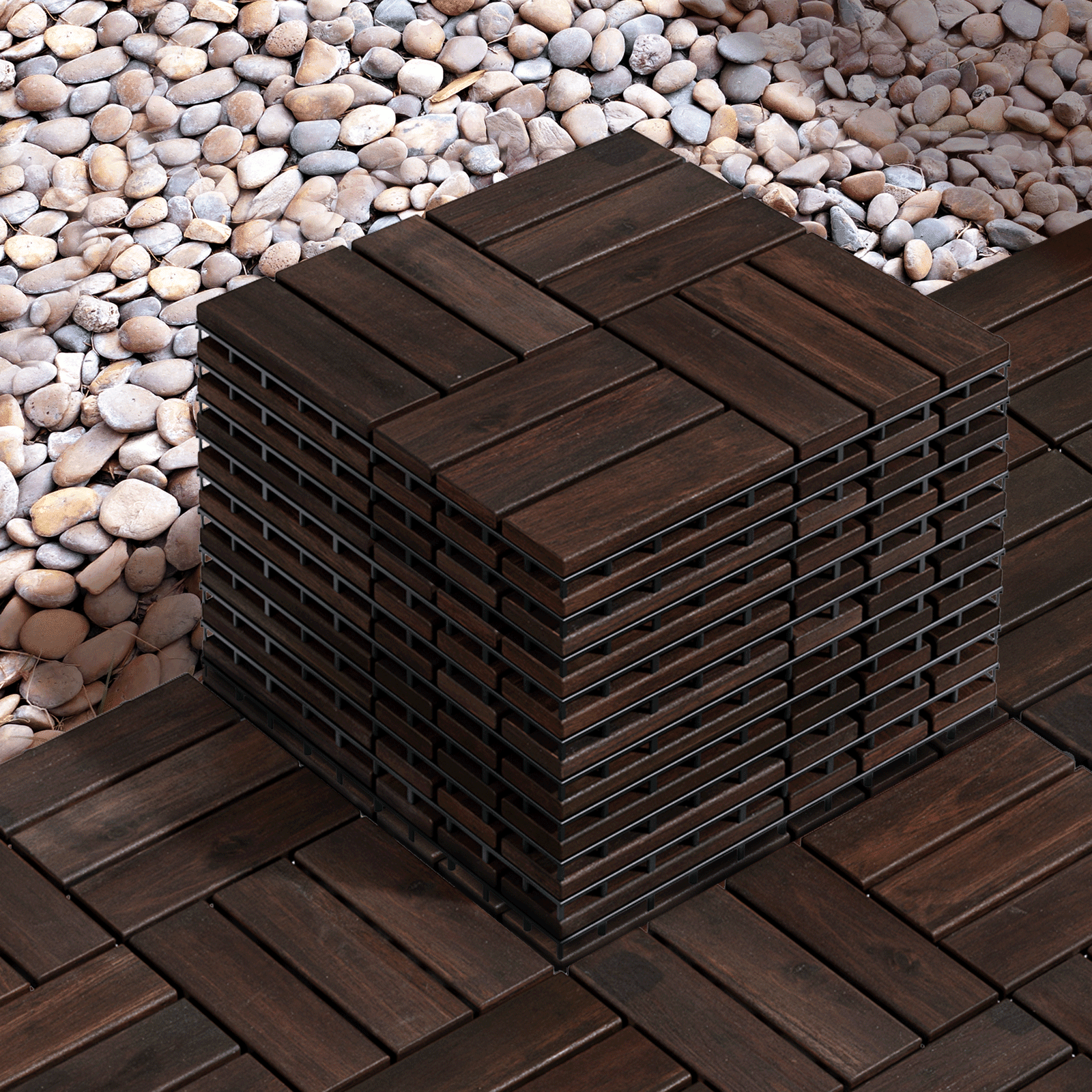 Dark Brown Acacia Wood Interlocking Deck Tiles, 12 x 12 Inches