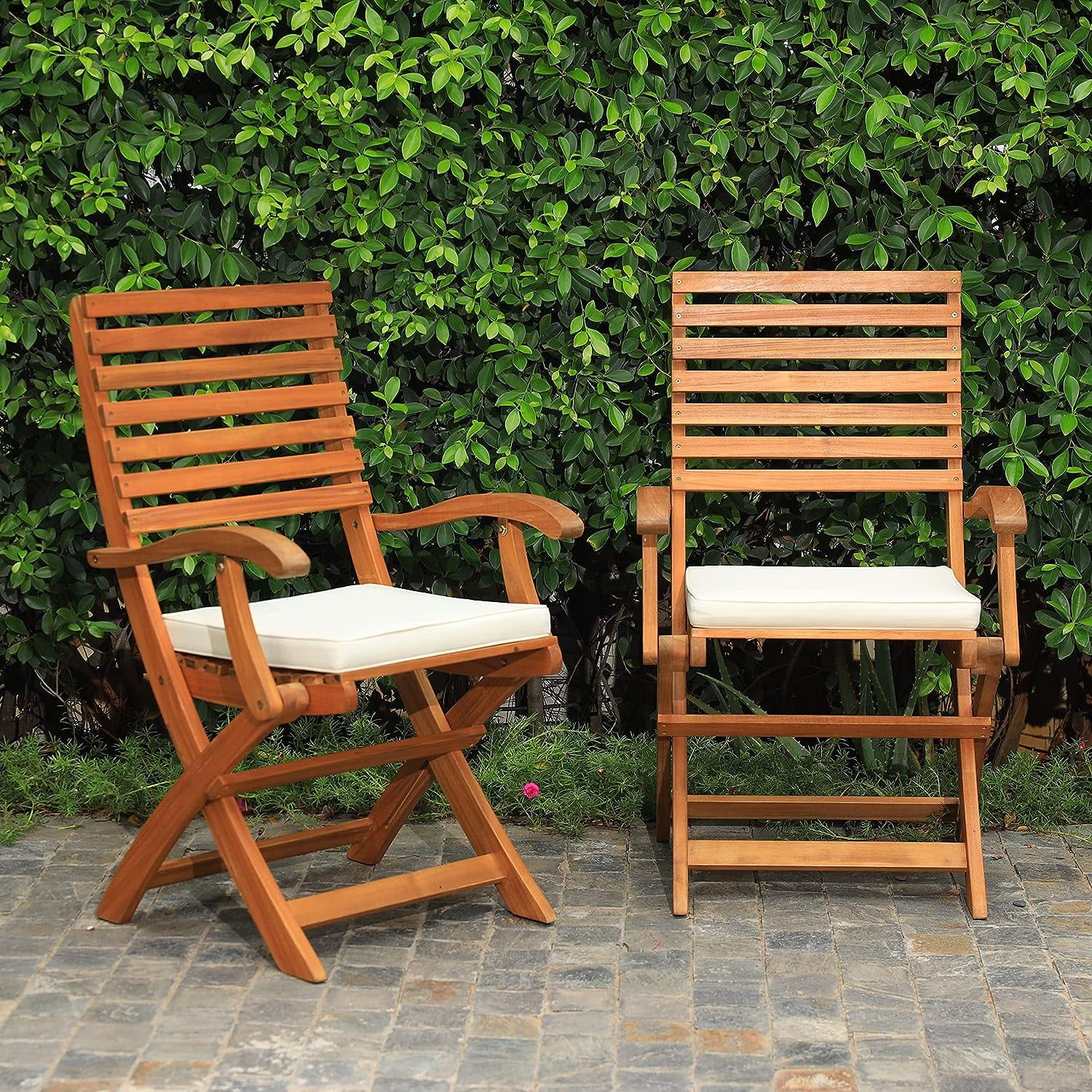 Teak Acacia Wood Folding Patio Chairs with Cushions, Set of 2