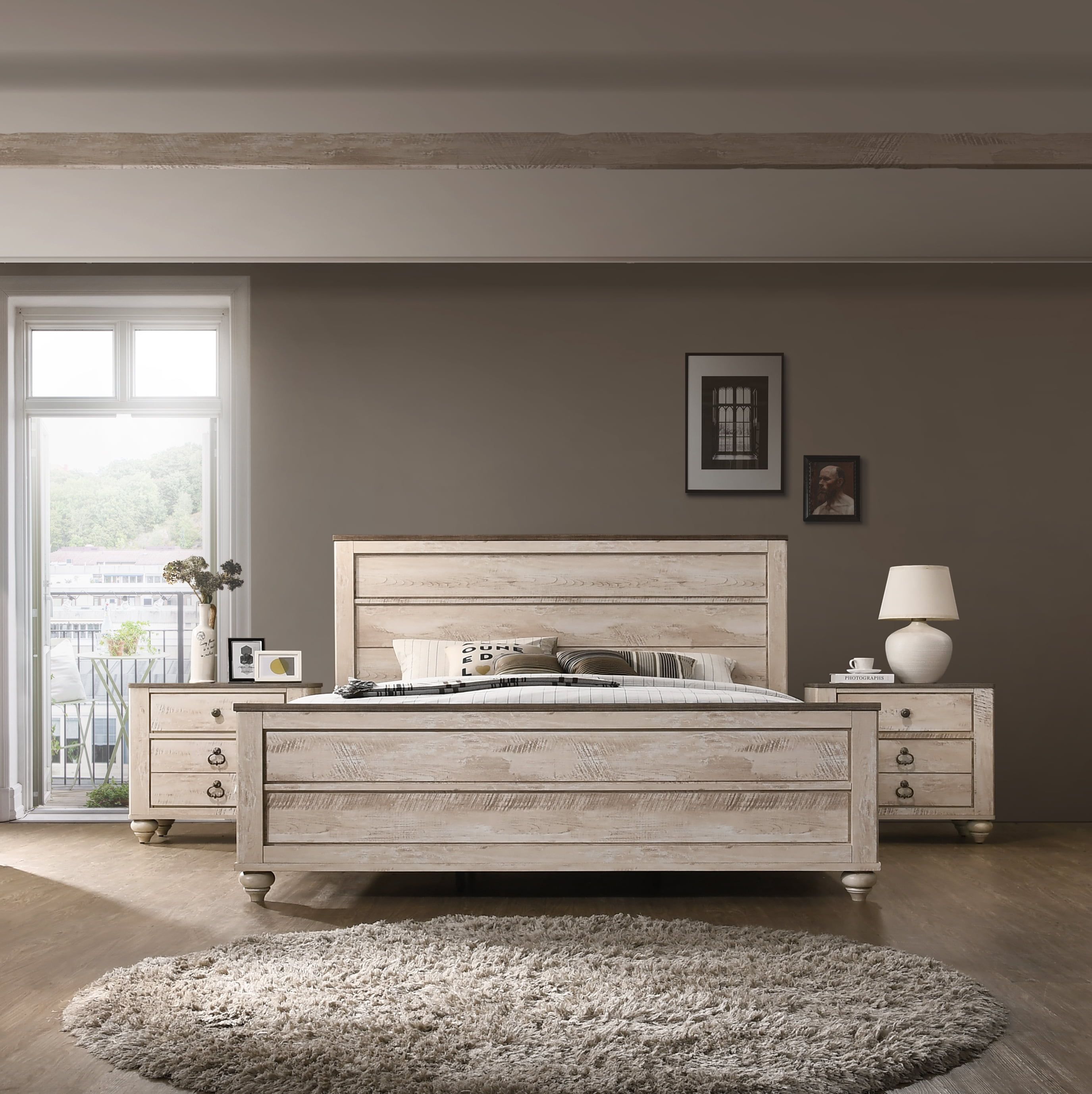 Imerland King White Wash Wood Bedroom Set with Bronze Accents