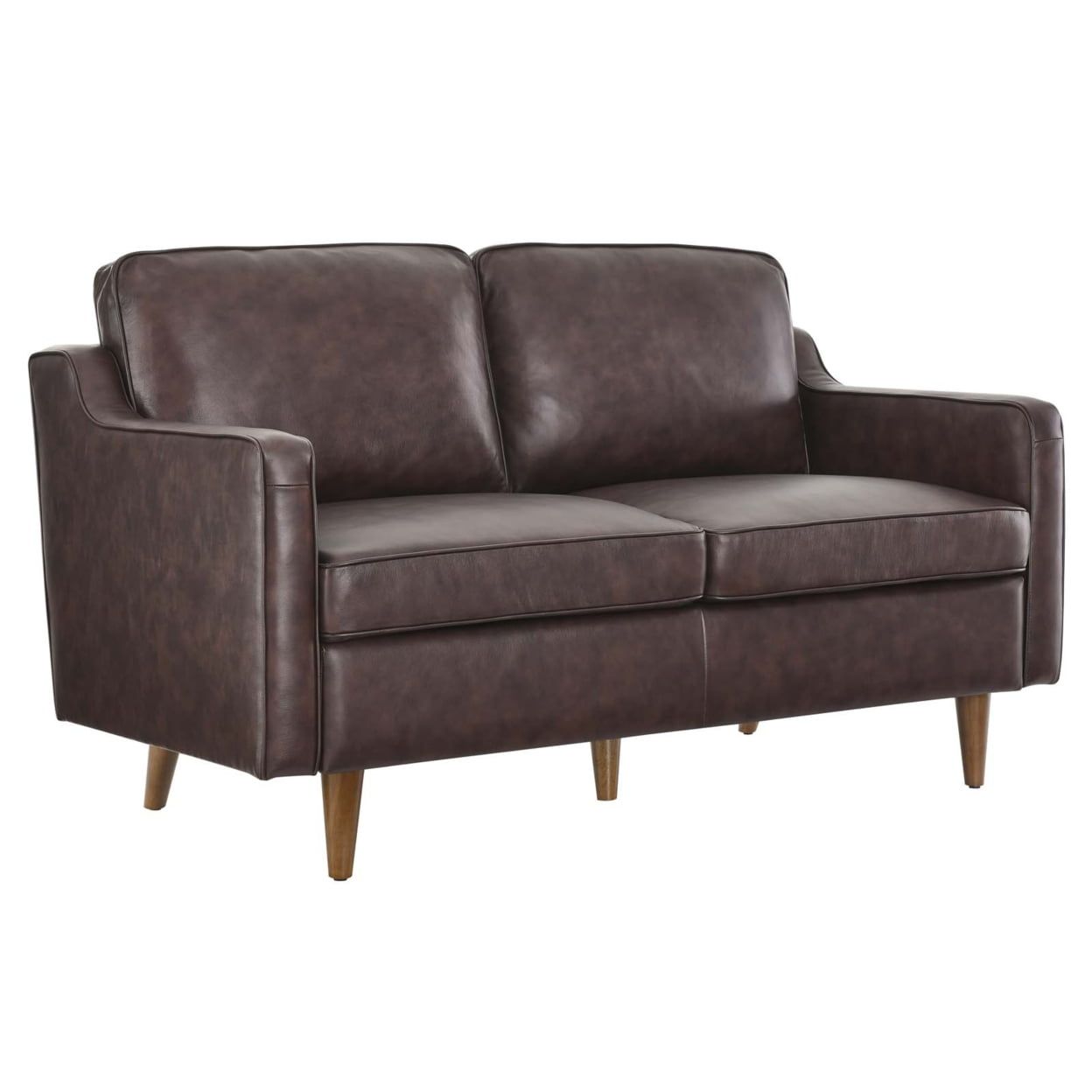 Mid-Century Genuine Leather Brown Loveseat with Walnut Legs