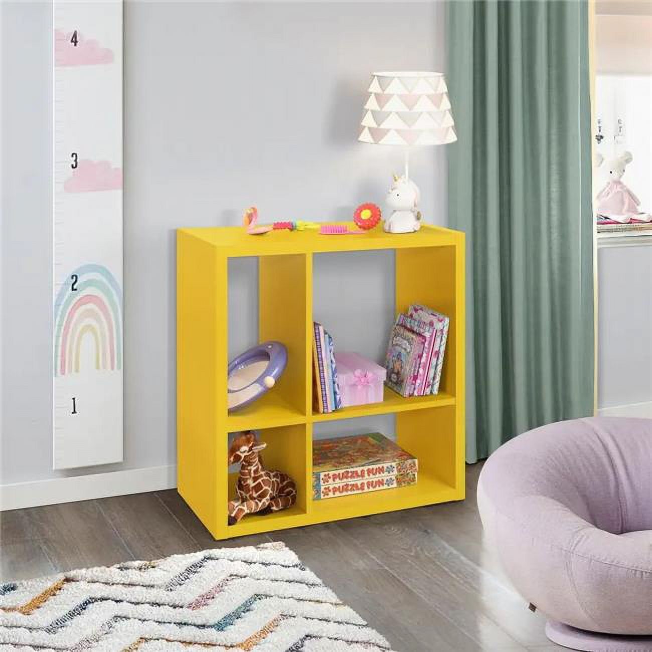 Yellow Kids' Wooden 4-Cube Open Back Bookcase