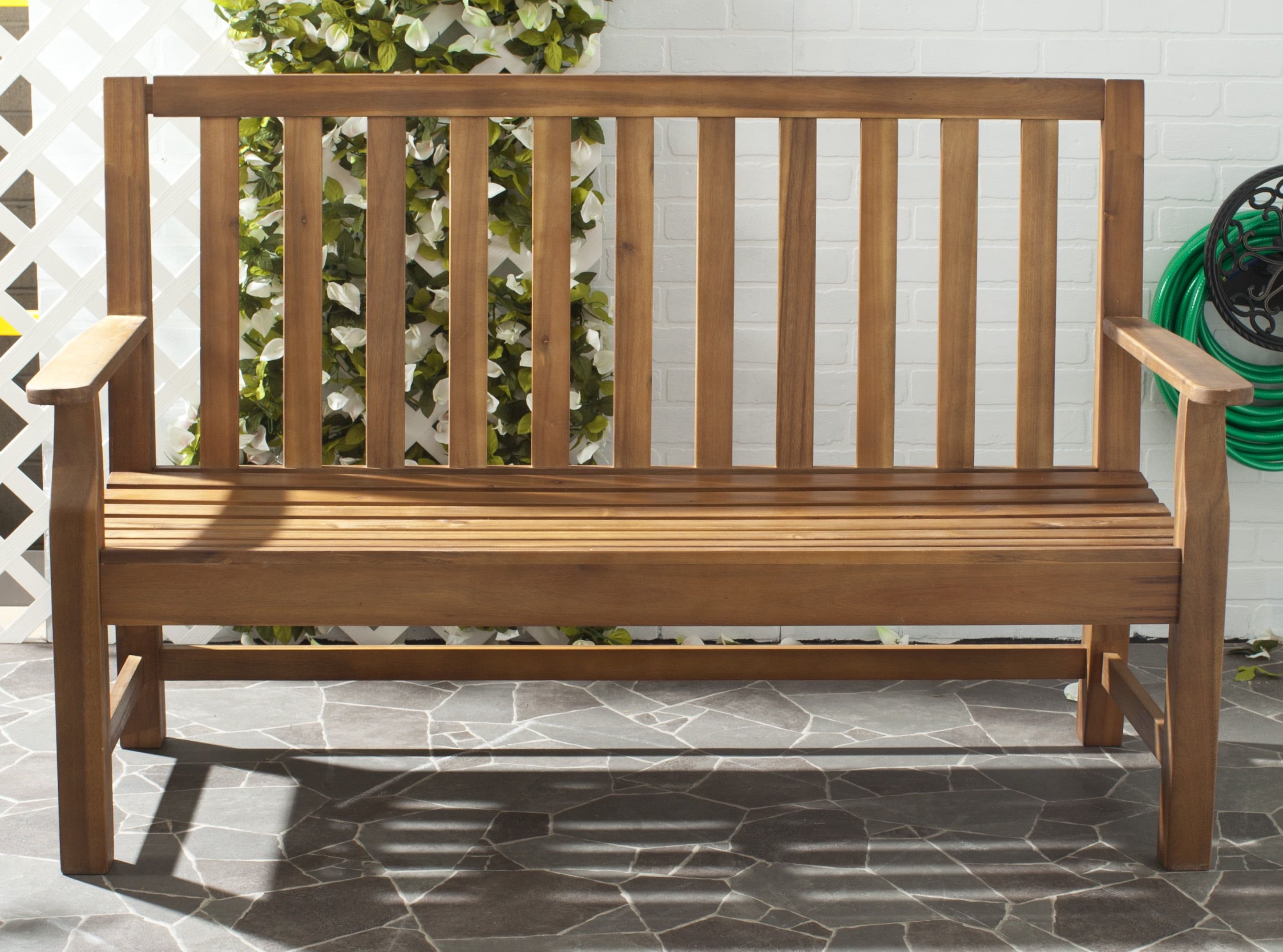 Transitional 60'' Acacia Wood Outdoor Bench in Natural Brown