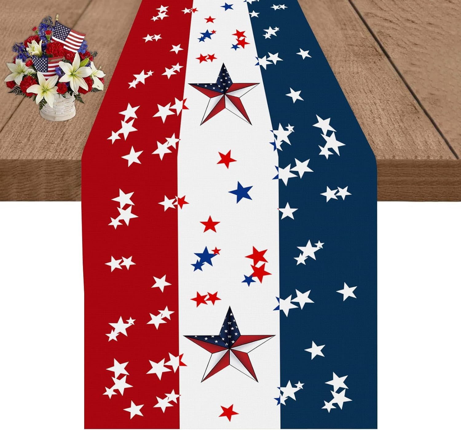 Patriotic Red White Blue Linen Table Runner 13x72 Inches