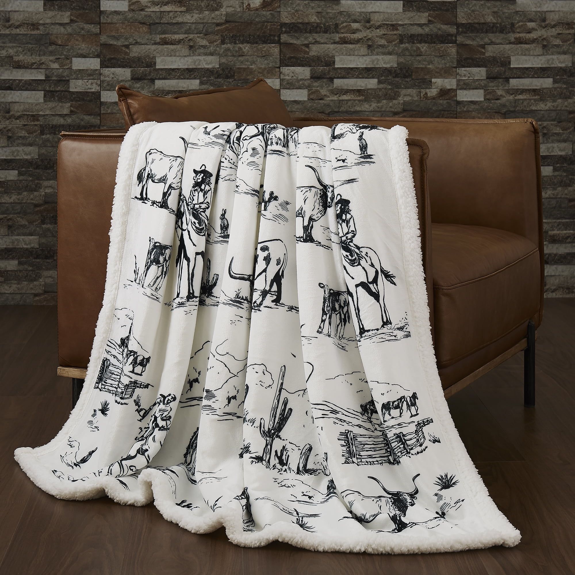 Western Ranch Life Black and White Sherpa Fleece Throw Blanket, 54x68 inch