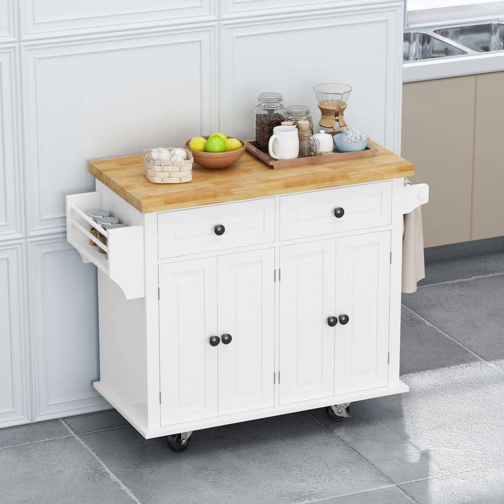 White Wood Rolling Kitchen Island Cart with Storage Cabinets and Drawers