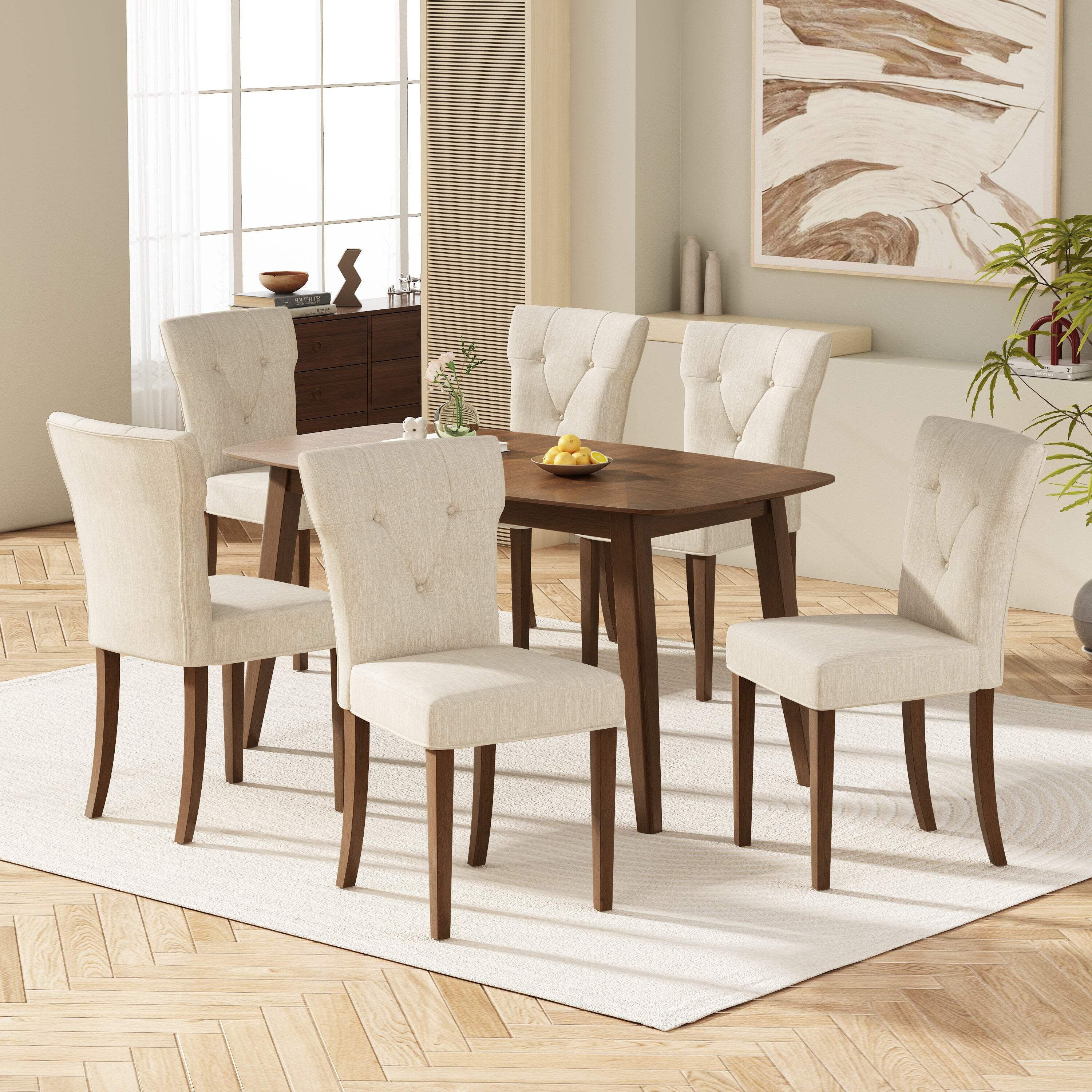 Cream Upholstered Dining Chairs with Walnut Table Set