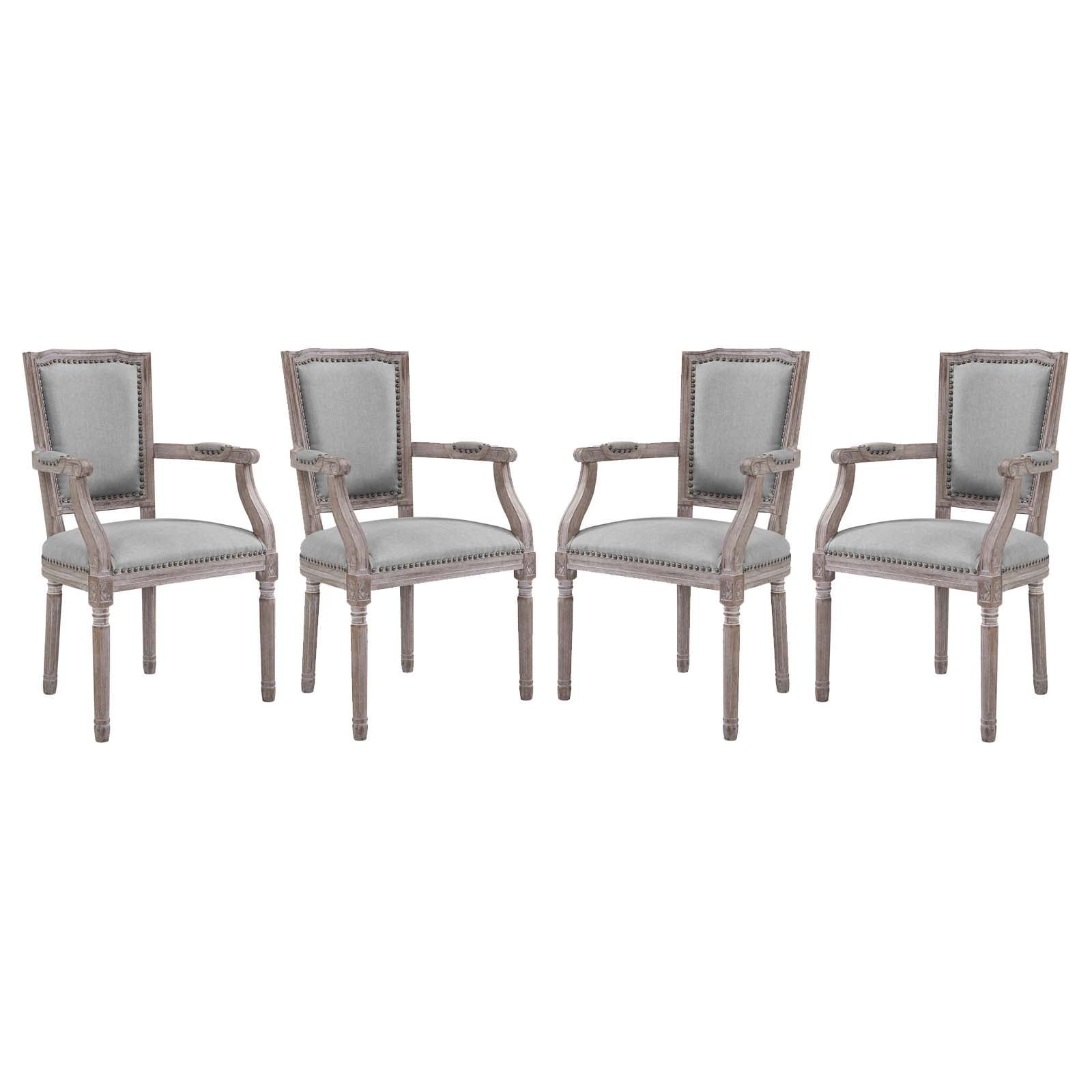 Elegant Fluted Gray Upholstered Wood Dining Armchair with Copper Trim