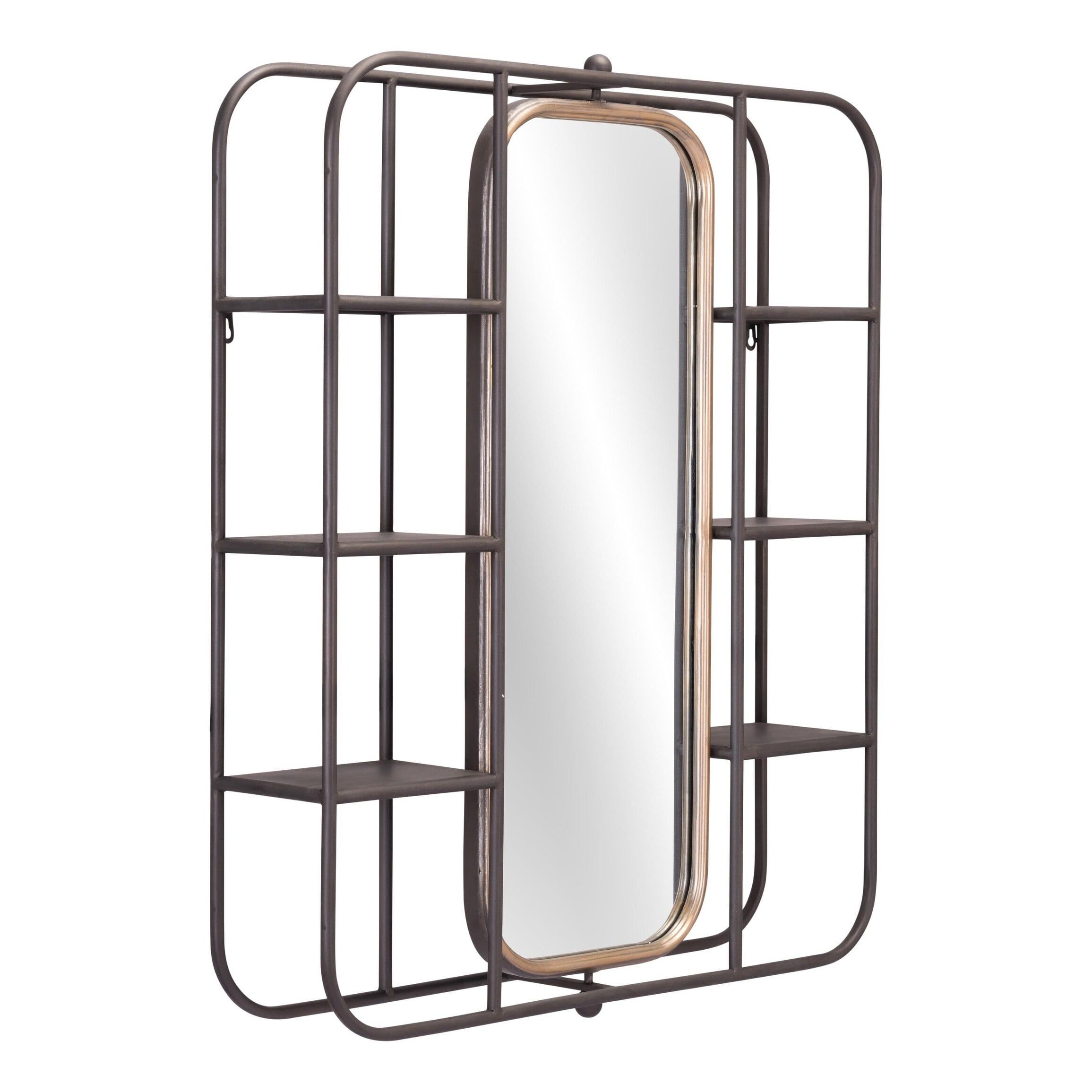 Urban Elegance Industrial Gray and Gold Rectangular Vanity Mirror with Shelf