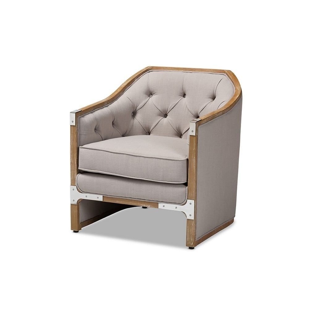 Beige Linen and Oak Barrel Accent Chair