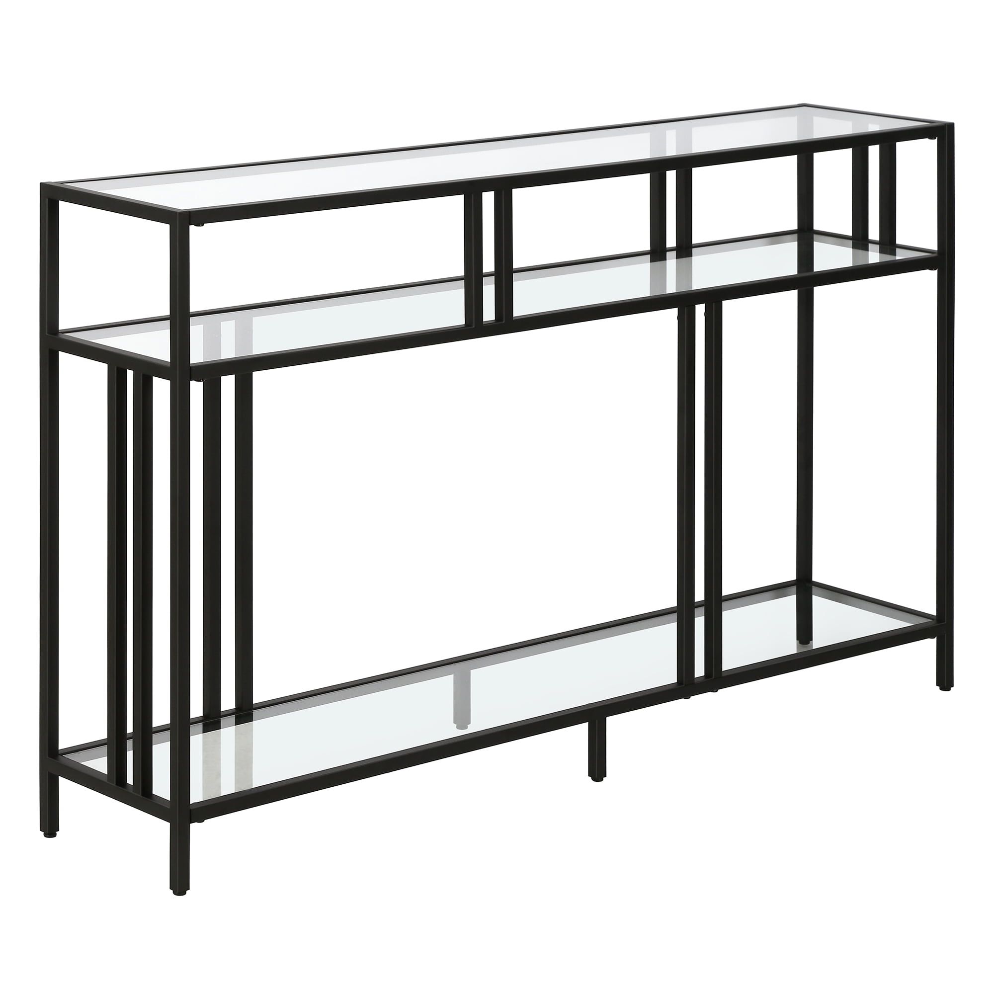 Cortland Blackened Bronze 48" Industrial Metal Console with Tempered Glass Shelves