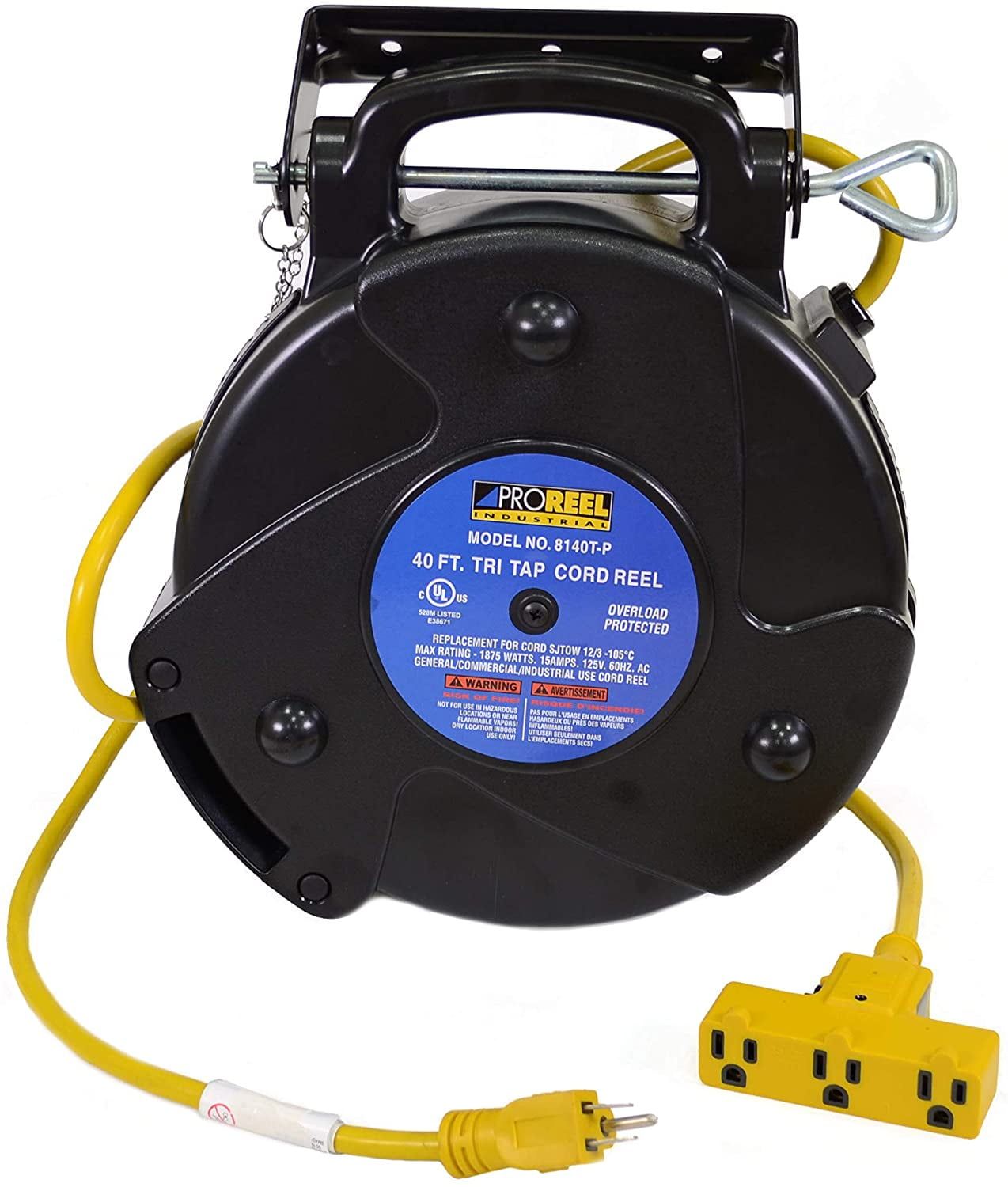 40 Ft Heavy-Duty Retractable Extension Cord Reel with Tri-Tap