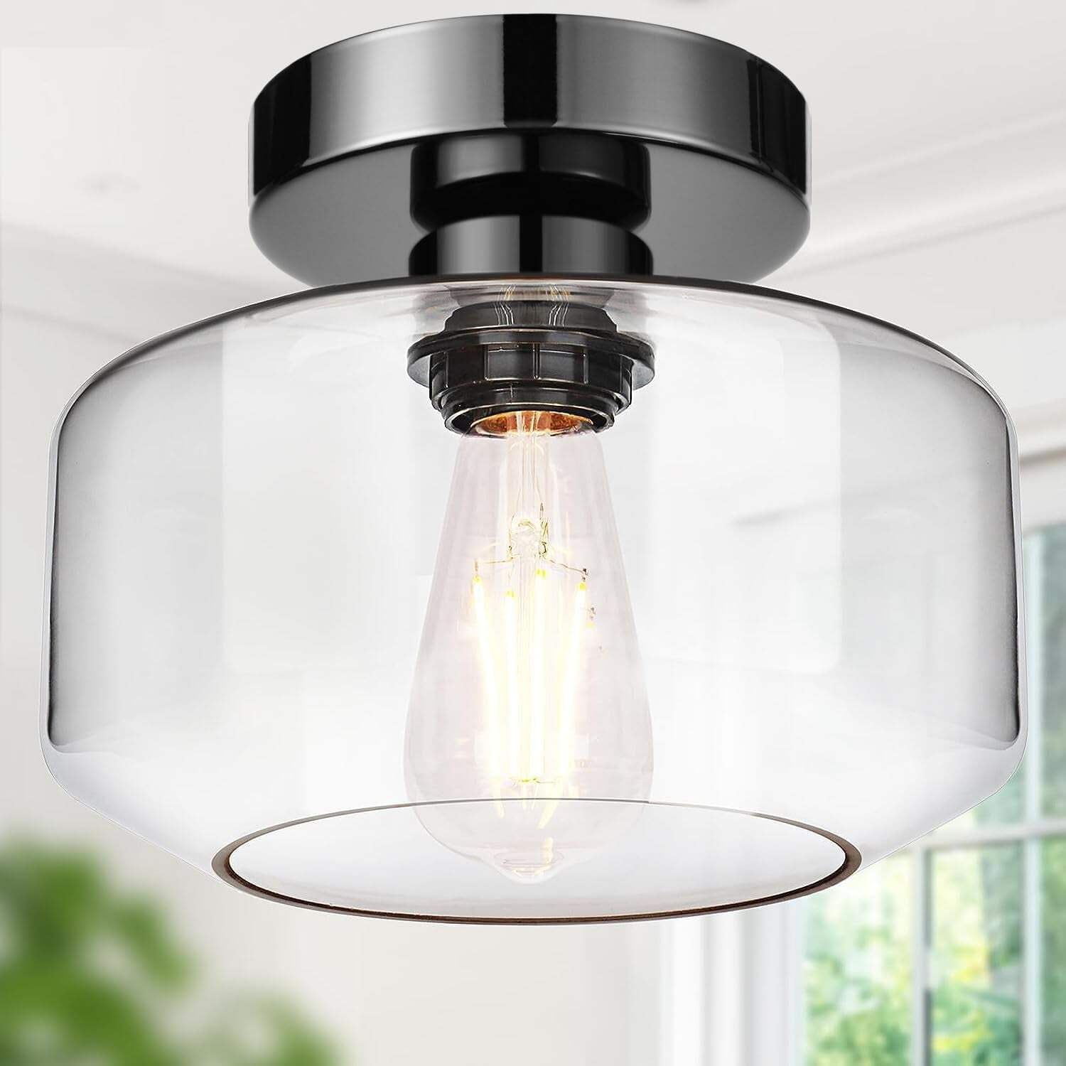 Black Chrome Industrial Semi Flush Mount Ceiling Light with Clear Glass Shade