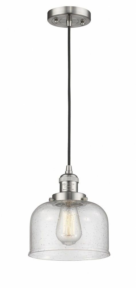 Brushed Satin Nickel Mini Pendant with Seedy Glass Bell Shade