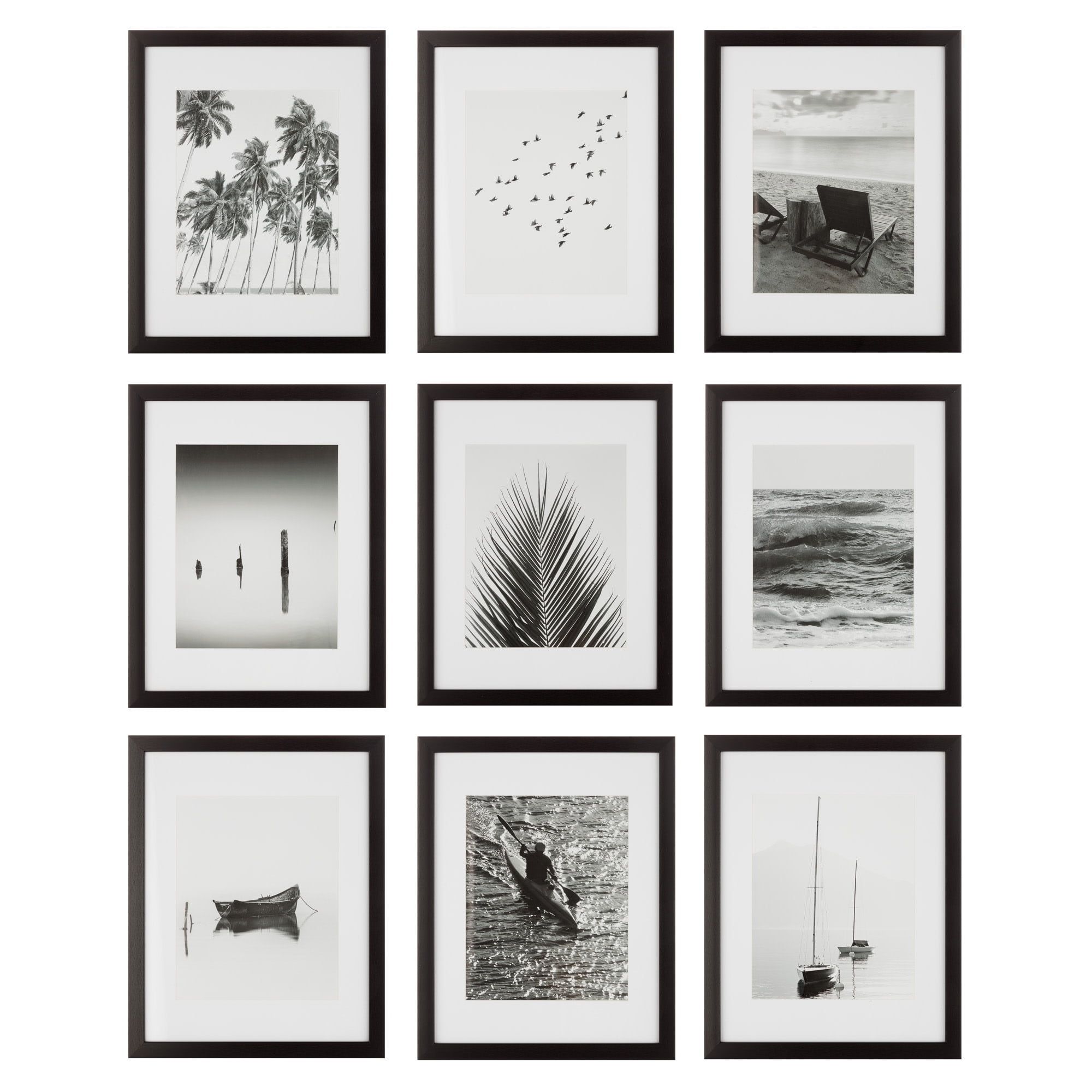 Black 9-Piece Wall Gallery Frame Set with White Mats