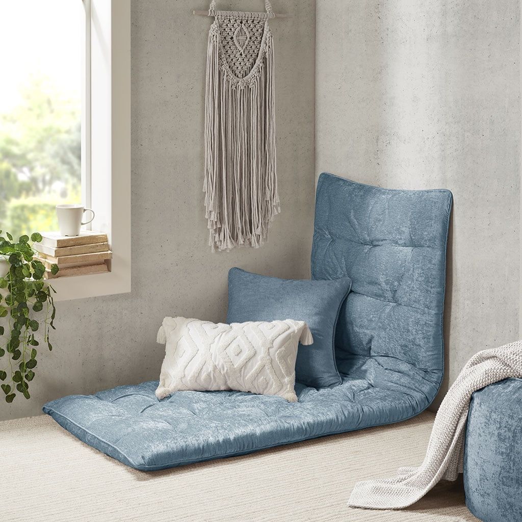 Aqua Blue Chenille Tufted Long Floor Cushion with Travel Wrap