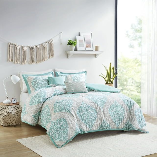 Aqua Blue and Gray Microfiber Full Bedspread Set