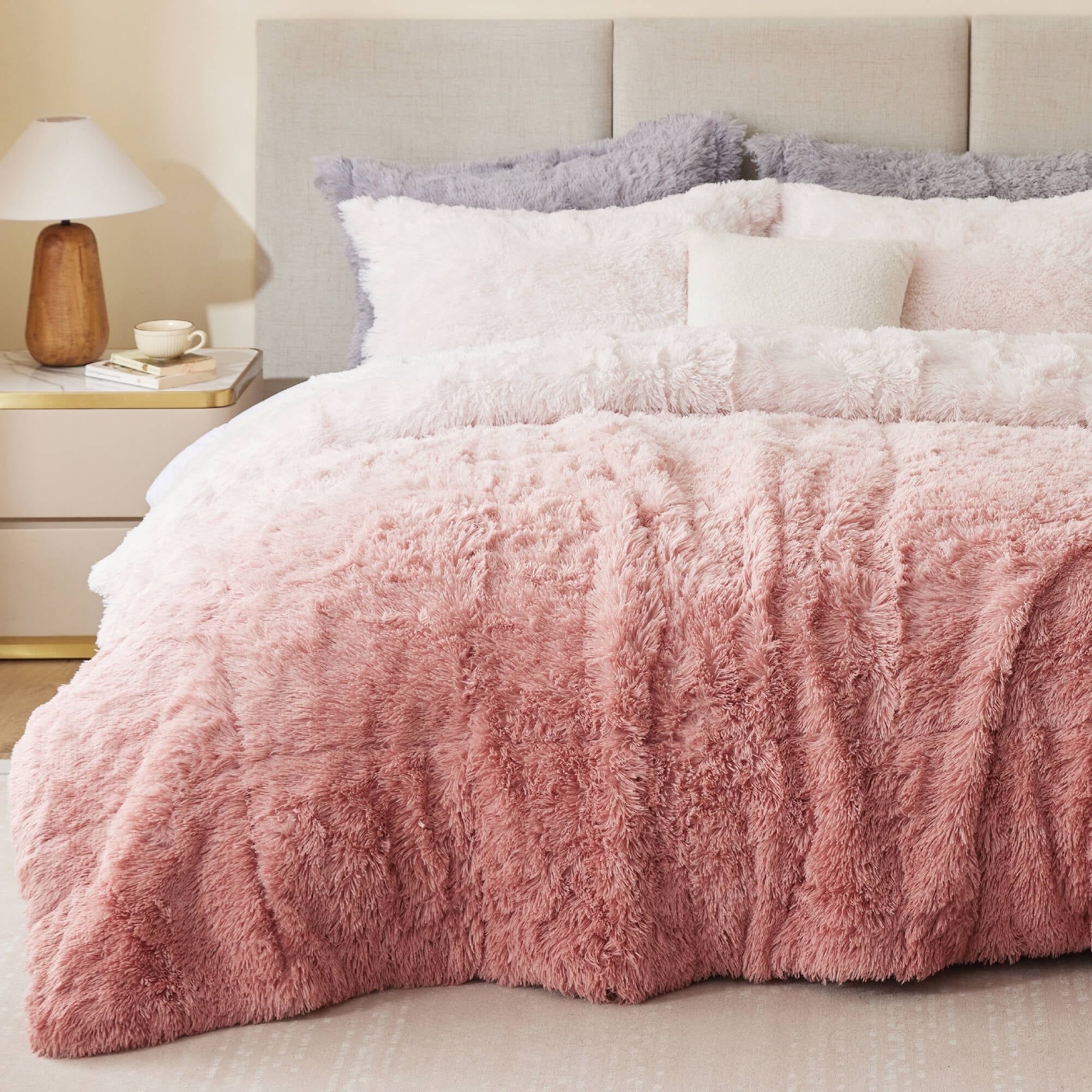Blush Ombre King Microfiber Shaggy Faux Fur Comforter Set
