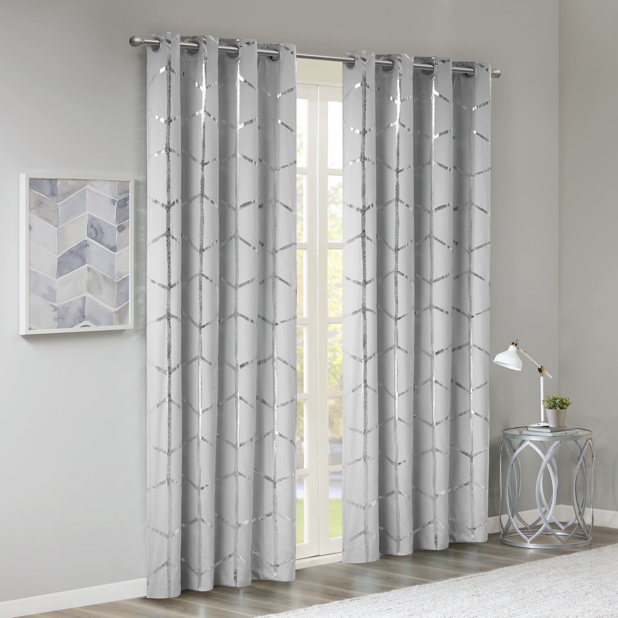 Grey Silver Geometric Blackout Grommet Curtains 50"x84"